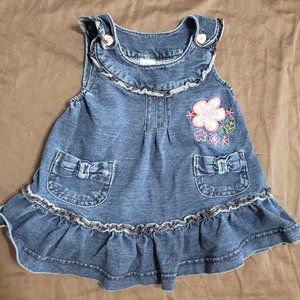 Denim Dress Floral Embroidered Flower Stretchy Material Button Closure 6 Month